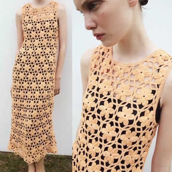 ZARA Orange Long Floral Crochet Knit Maxi Dress NWT MEDIUM - Picture 1 of 16